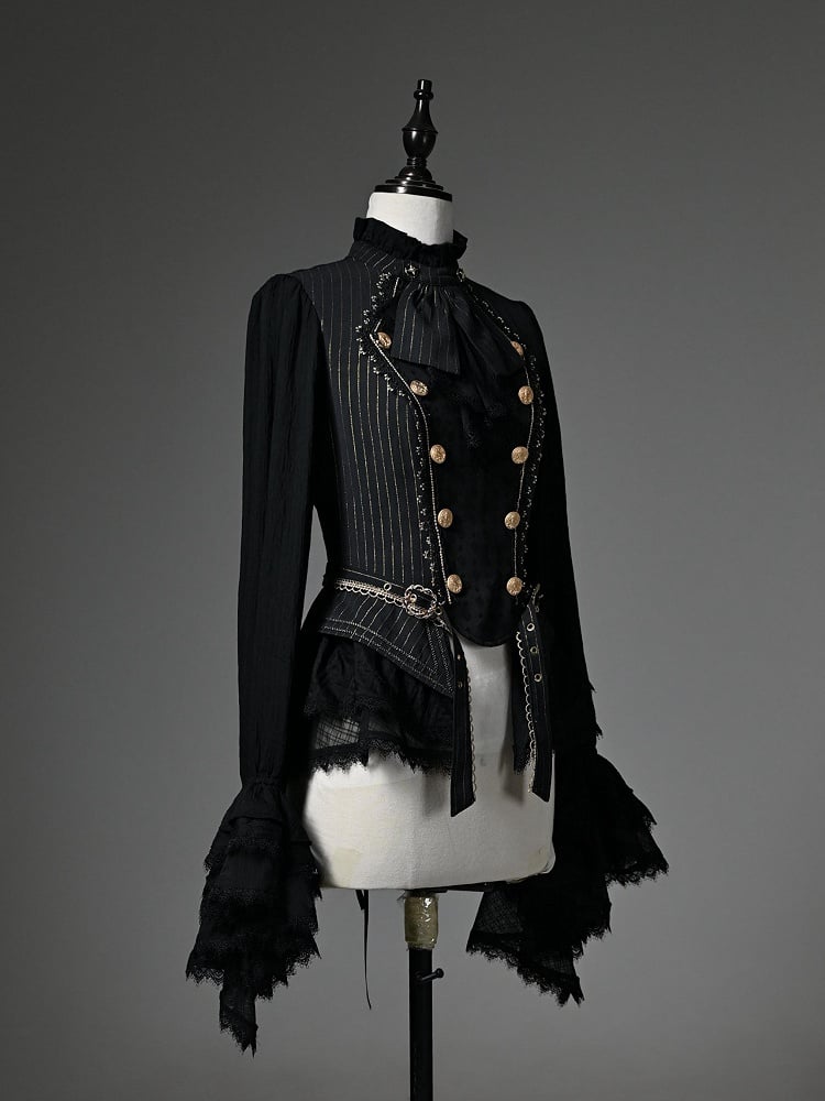 Schwarzer Rüschenausschnitt, lange Manschetten, Ärmel, Jabot Cadcading