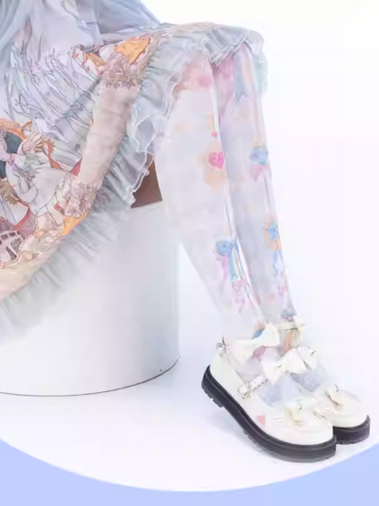 Yume Kawaii Blue Diamond Pattern Bow Print Sweet Lolita Over Knee Stockings