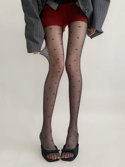 Red Black Sheer Pattern Pantyhose Heart