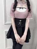 Ärmel Jirai Kei Dusty Bluse Rosa Stehkragen Cutout Vorne Kurz