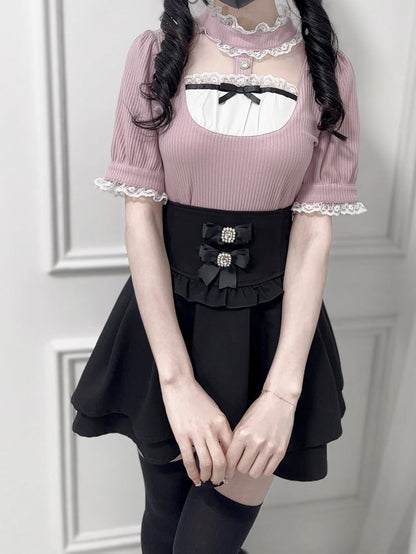 Ärmel Jirai Kei Dusty Bluse Rosa Stehkragen Cutout Vorne Kurz