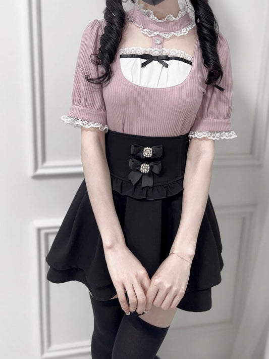 Ärmel Jirai Kei Dusty Bluse Rosa Stehkragen Cutout Vorne Kurz