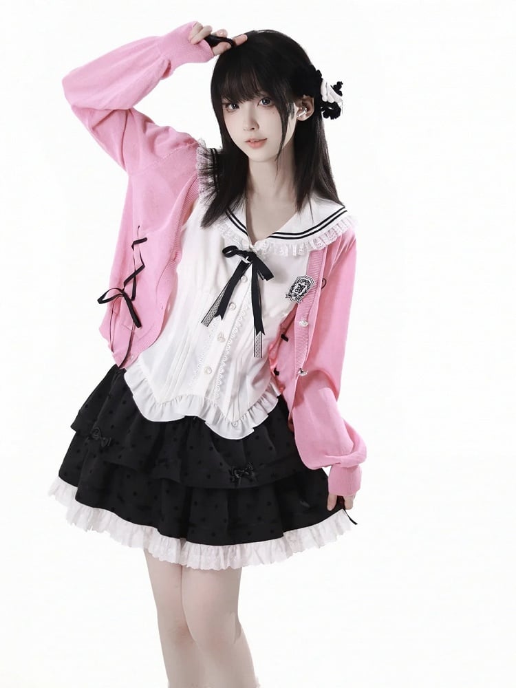 水玉模様のティアードスカート レース ホワイトトリム ブラック