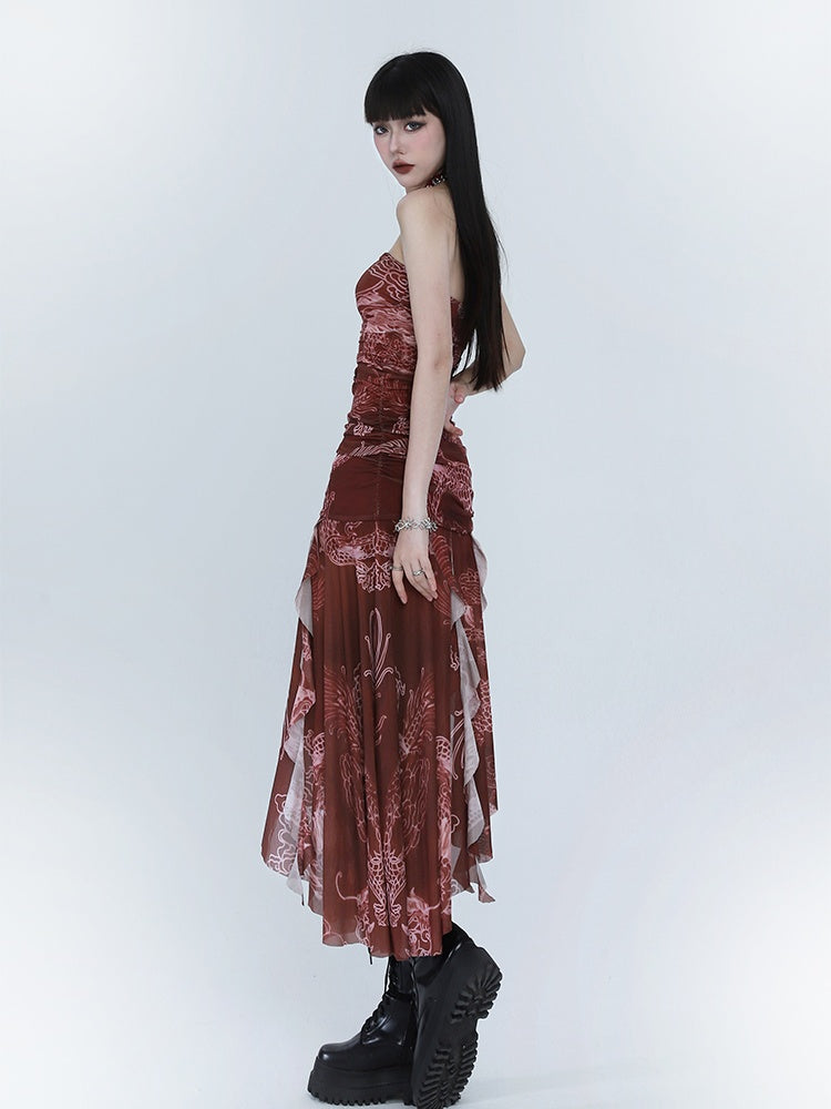 Red Dragon Print Asymmetrical Hem Slim-fitting Dress