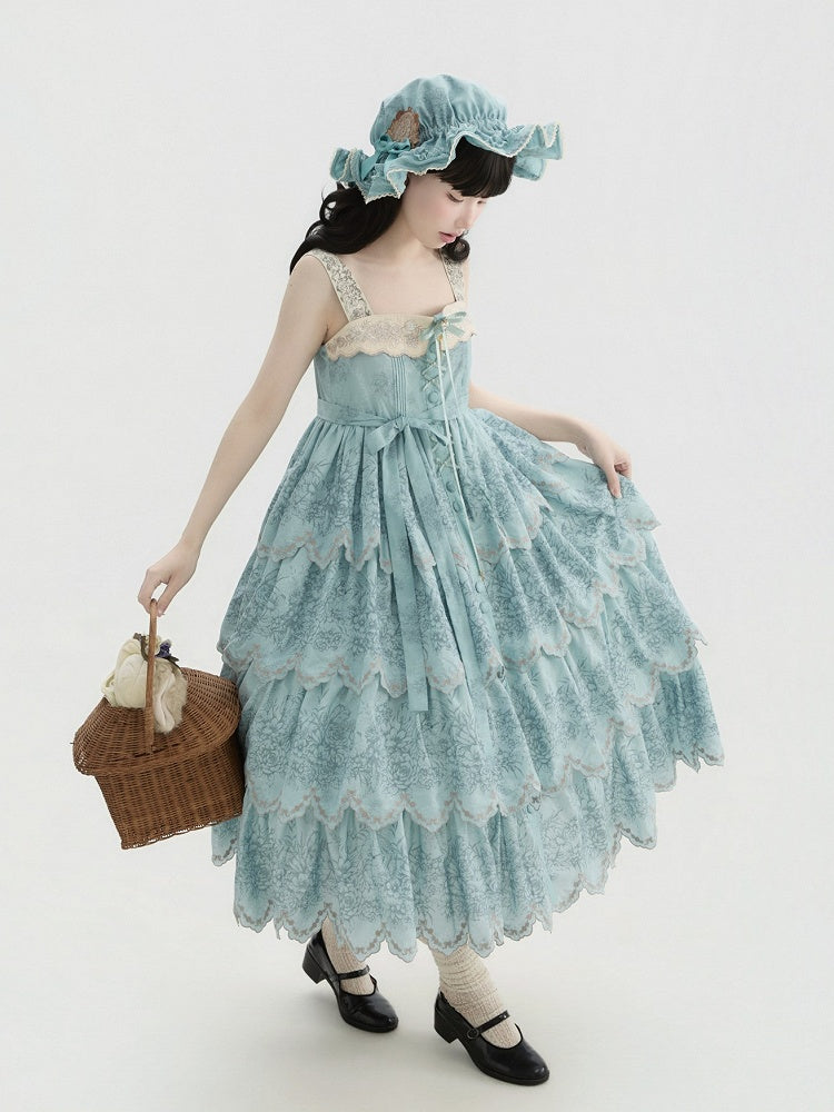 Jumper with Trim Scallop Skirt Blue Classic Layered Print Embroidered Lolita Floral