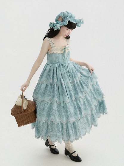 Jumper with Trim Scallop Skirt Blue Classic Layered Print Embroidered Lolita Floral