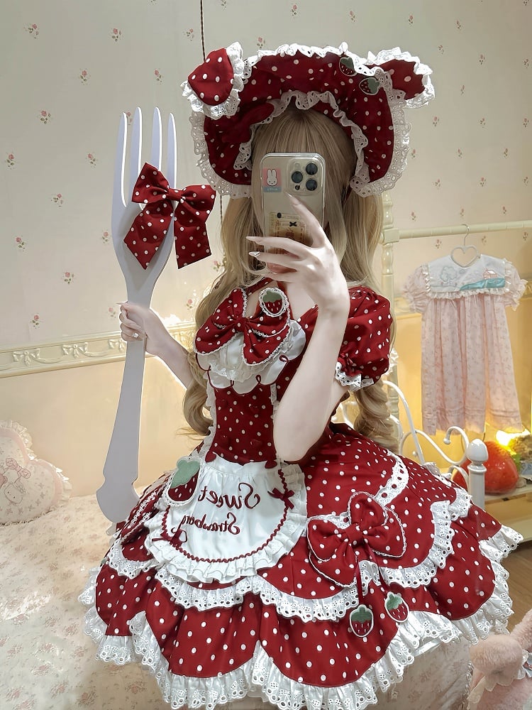 Lace Bow Dress Red Retro Details Dot Themed with Polka OP and Strawberry Lolita