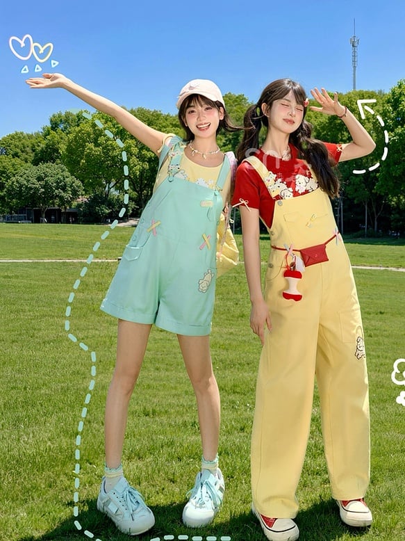 Shorts Overall Mint Green Cartoon Puppy Embroidery Straight-leg Cut