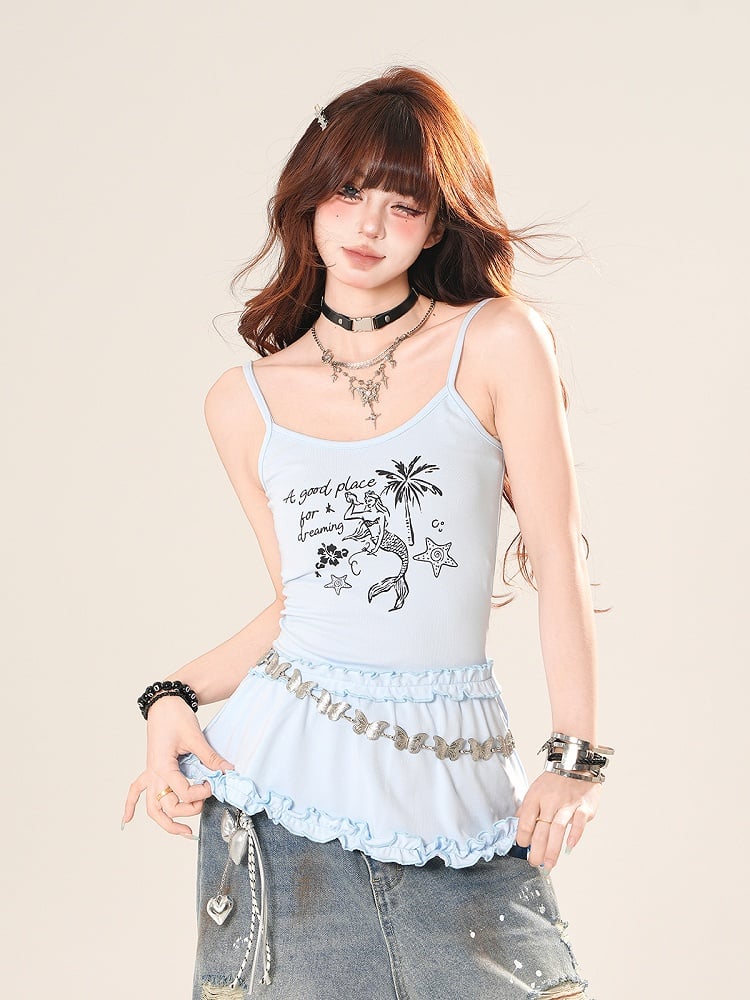 Camisole-Top mit Rüschenbesatz im Meerjungfrauen-Print Gelb/Blau
