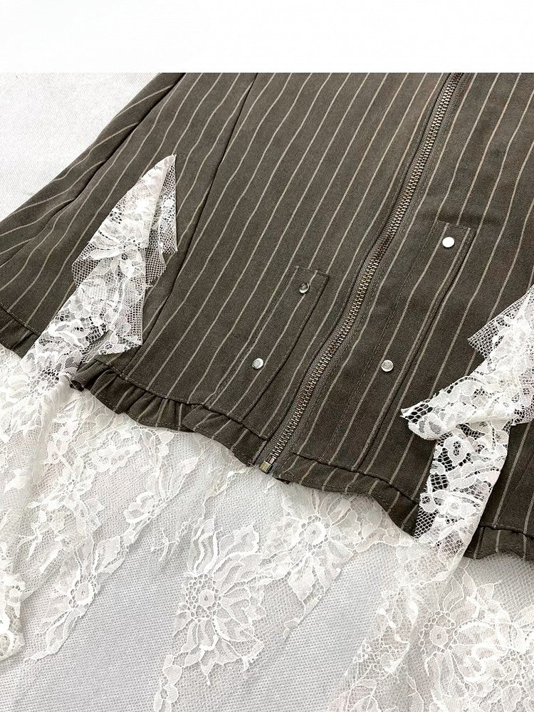 アクセントストライプレースフリルファッションコントラストカスケーディングミラードアーミーグリーンパッチパターンスカート