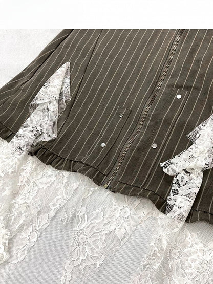 アクセントストライプレースフリルファッションコントラストカスケーディングミラードアーミーグリーンパッチパターンスカート