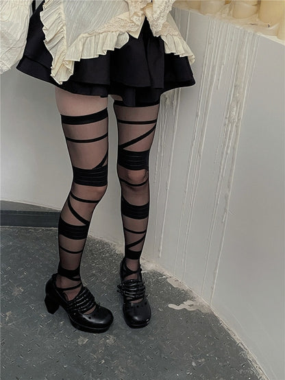 Black/White Semi-sheer Bandage Stockings
