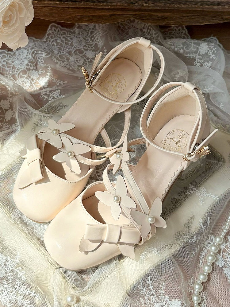 Decorative - Lolita Mid Heel Shoes Bow Classic in Apricot