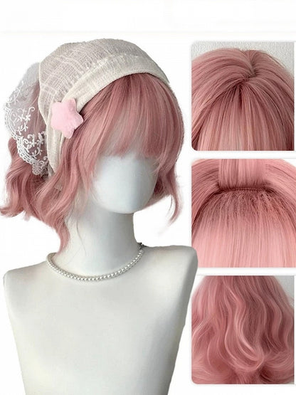 Pink 30cm Short Wavy Curly Wig with Air Bangs - Meow Island Wig