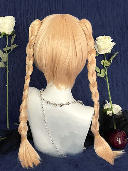 クロー編みポニーテールウィッグ前髪付きショート55cmダブルブロンドフルクリップ30cm+ストレート