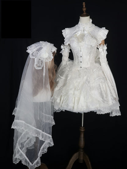 Shiro Gothic Lolita Full Set with Boned Corset Top, Skirt, Collar, Bell Sleeves and Accessories in All White - Somnium Isle