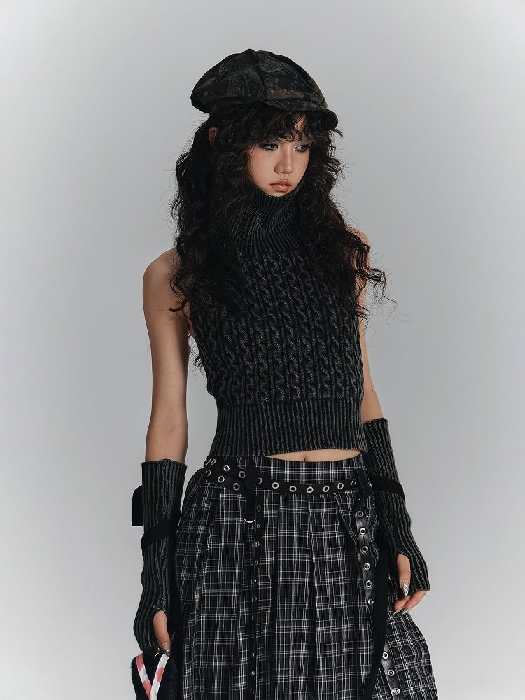 Sleeveless Black with Turtleneck Punk Thumbhole Sweater Detachable Sleeves Backless