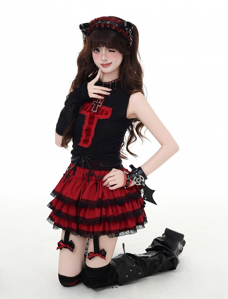 and Trim Glamorous Black Bowknot Tiered Skirt with Lace Red Y2K Detachable