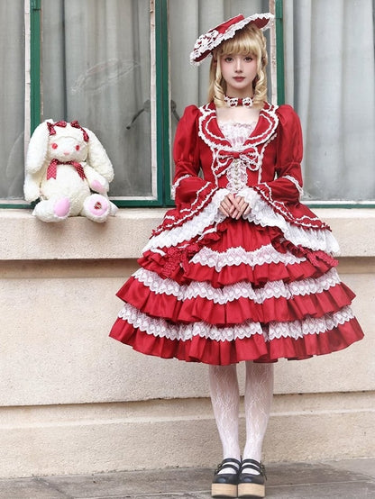 Wunderschönes Lolita-Kleid mit gestuftem Rüschenrock, Puffärmeln und Glockenärmeln in Rot
