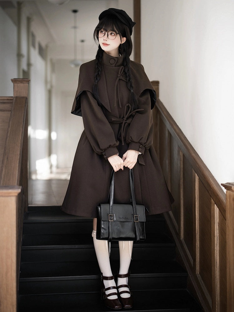 Quilted Coat Vibes Little with Dark Brown Cape Design Lining Academia Cotton Detective