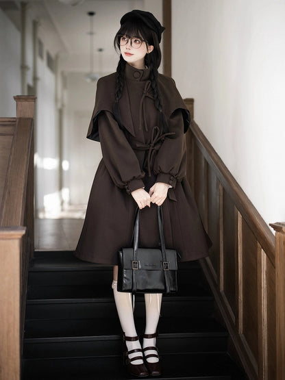 Quilted Coat Vibes Little with Dark Brown Cape Design Lining Academia Cotton Detective