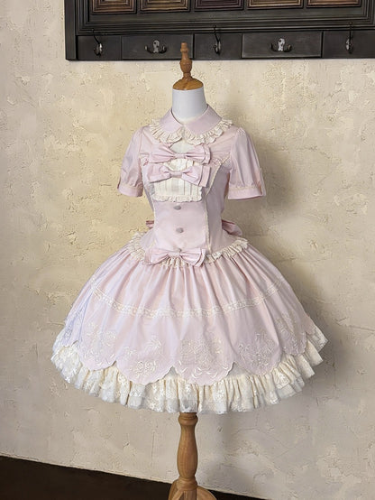 Pink Old School Lolita Cotton OP Dress with Embroidered Scallop Trim Skirt - Secret Tea Party