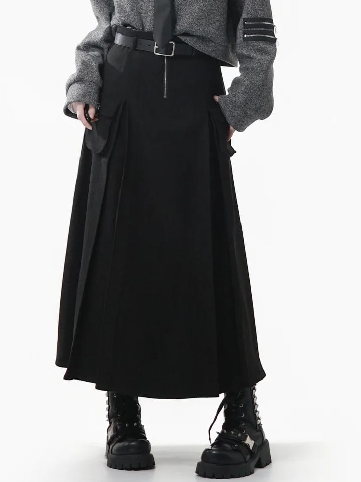 Accented Pockets Black Heart Belt Bittersweet A-Line High Set Waist Skirt with