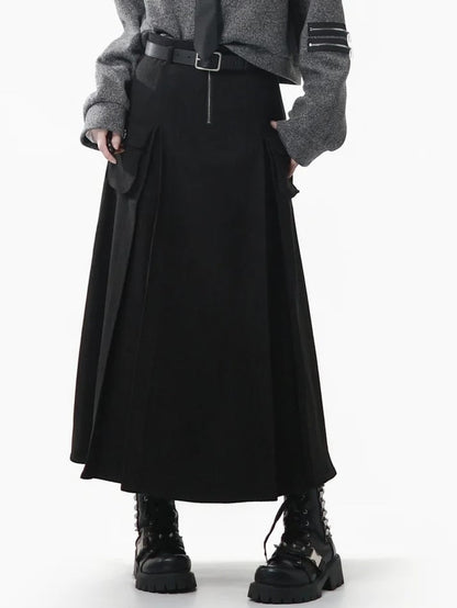 Accented Pockets Black Heart Belt Bittersweet A-Line High Set Waist Skirt with