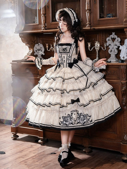 Swan-Embroidered Ruffled JSK Dress in Beige & Black - U.Rtto
