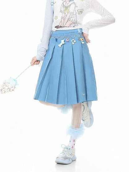 Blue Box Pleat Skirt with Embroidery - Languid Park
