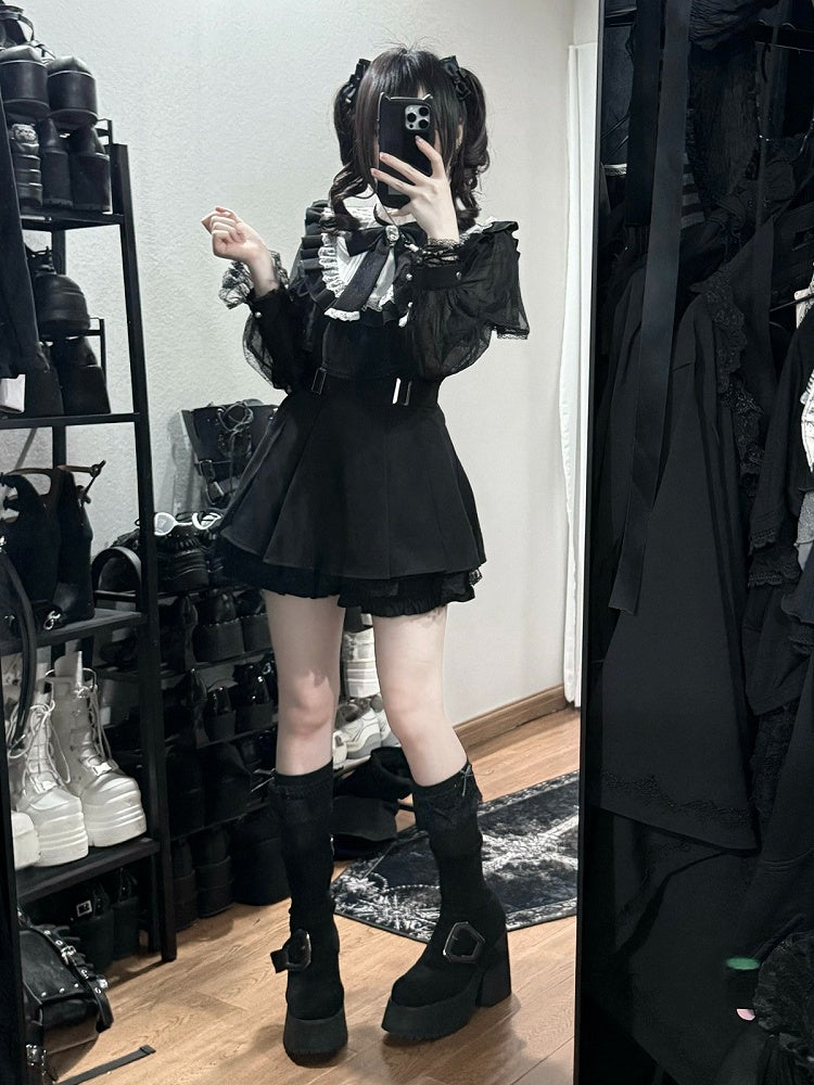 Black Cape Design Long Sleeve Dress with Lace and Shorts Set - Faded Dolls