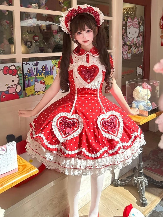 Lolita Dot Sweet Polka Sweetheart Dress Accents with Heart White Applique Red Bow
