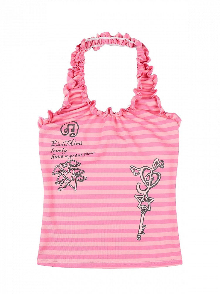 Pink Striped Tank Top with Ruffle Trim and Key Print - Languid Park