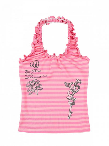 Pink Striped Tank Top with Ruffle Trim and Key Print - Languid Park