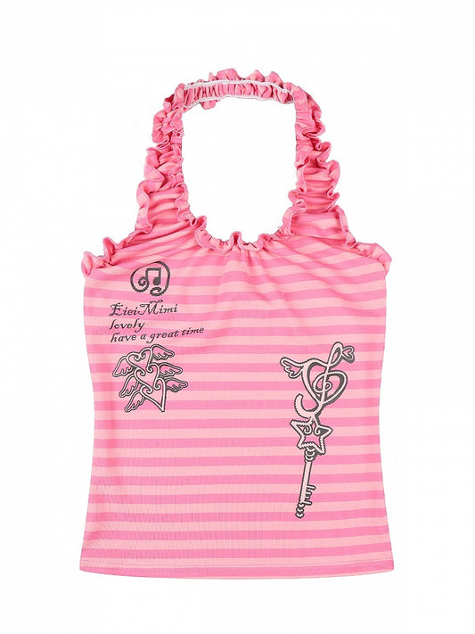 Pink Striped Tank Top with Ruffle Trim and Key Print - Languid Park