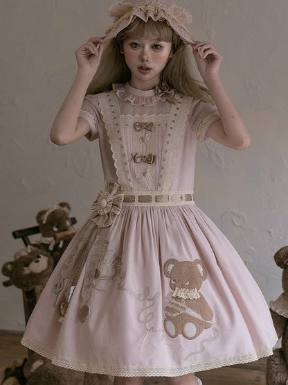 Sweet Waist Dropped Dress Embroidery Lolita Teddy Pink Bear with