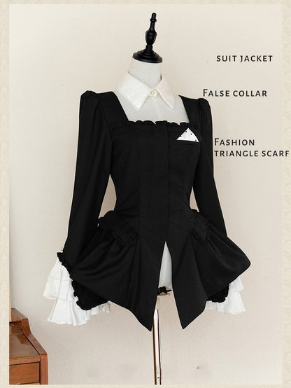 Retro Black Blazer & Polka Dot Skirt Ensemble with Bow Accents and Detachable Collar - Charing Cross