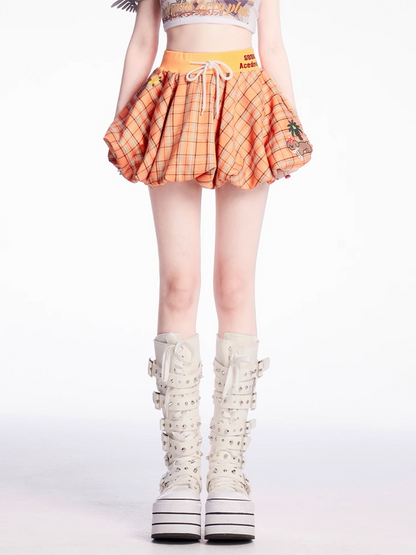 パピーオレンジチェック柄ドローストリングウエストプリントミニバブルスカート
