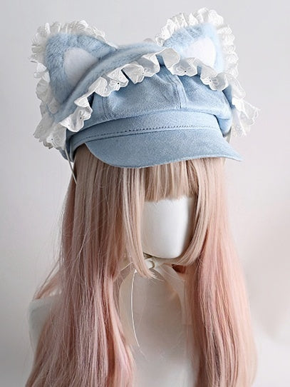 Blaue Baskenmütze mit Spitzenbesatz von Jirai Kei und abnehmbarem Haarband mit Katzenohren und Pfoten