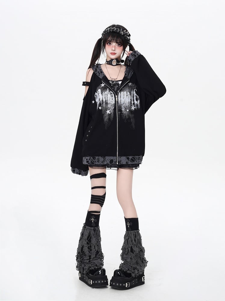 Kapuzenjacke mit Reißverschluss, Löchern im Used-Look und ausgeschnittener Schulterpartie, Weiß/Schwarz