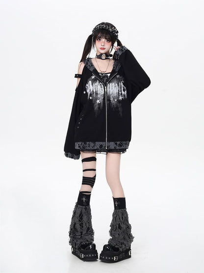 Kapuzenjacke mit Reißverschluss, Löchern im Used-Look und ausgeschnittener Schulterpartie, Weiß/Schwarz