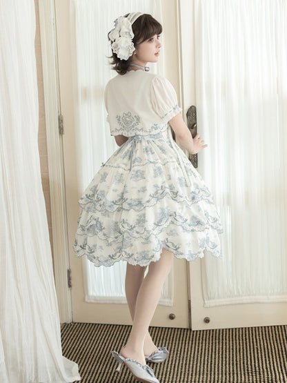 White & Blue Floral Embroidered Lolita Jumper Skirt with Detachable Belt - CEL