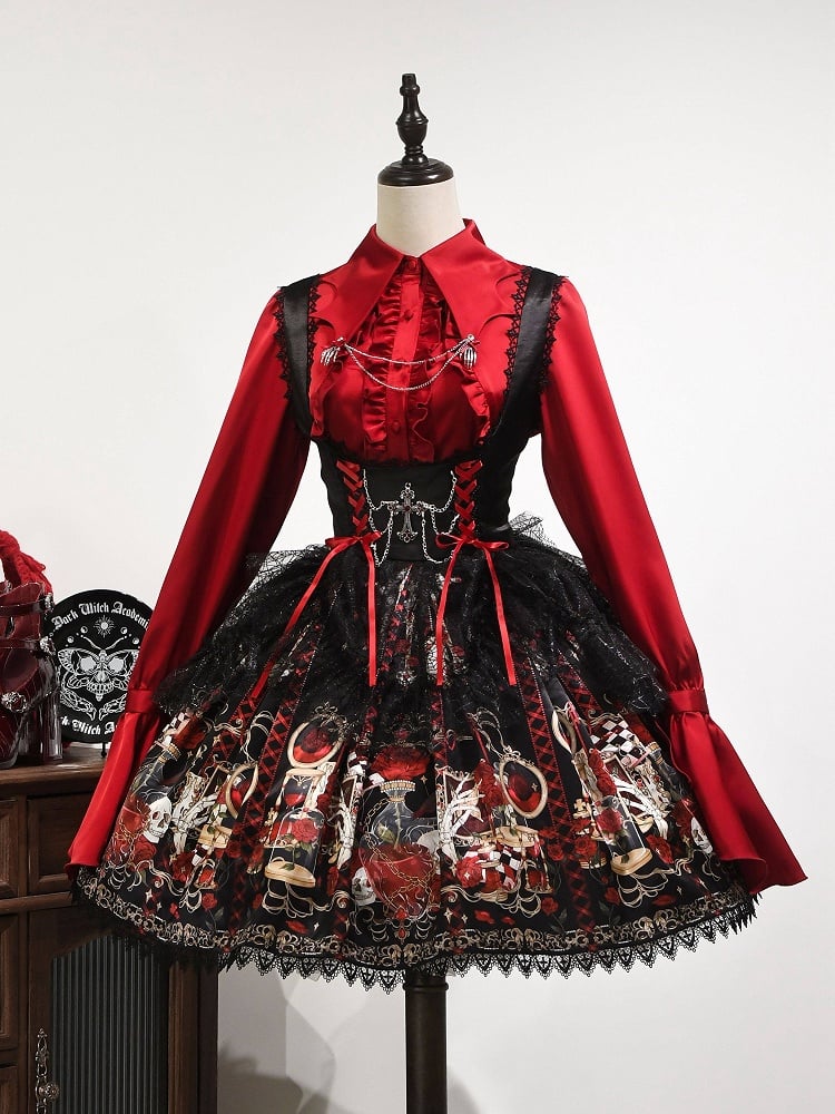 Bust Skull Short Gothic Spider Red and Under Rosette Lolita JSK Overlay with Dress Print Web