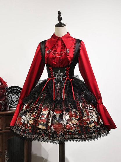 Bust Skull Short Gothic Spider Red and Under Rosette Lolita JSK Overlay with Dress Print Web