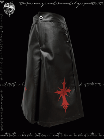 Cross Y2K Red Black PU Studded Glamorous Pattern Wide-Leg Pants