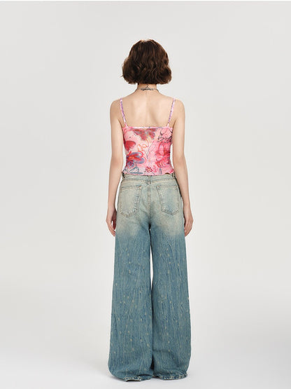 Summer Pink Camisole with Butterfly Print and Lace - Girlyhalo