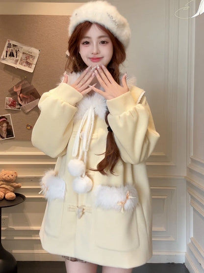 Trim Coat Fur Accents Faux Sweet Lolita and Winter with Pom-Pom Yellow