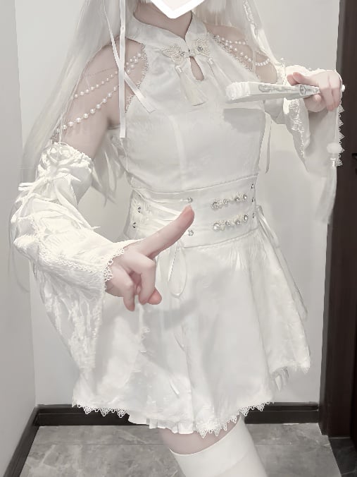 Jirai Kei White Jacquard Bow Cheongsam Style Flared Armwear Accents