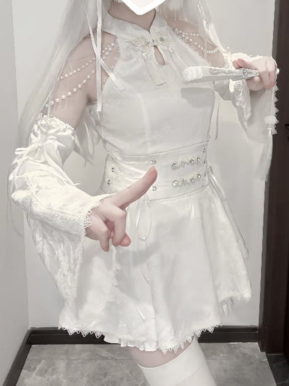 Jirai Kei White Jacquard Bow Cheongsam Style Flared Armwear Accents