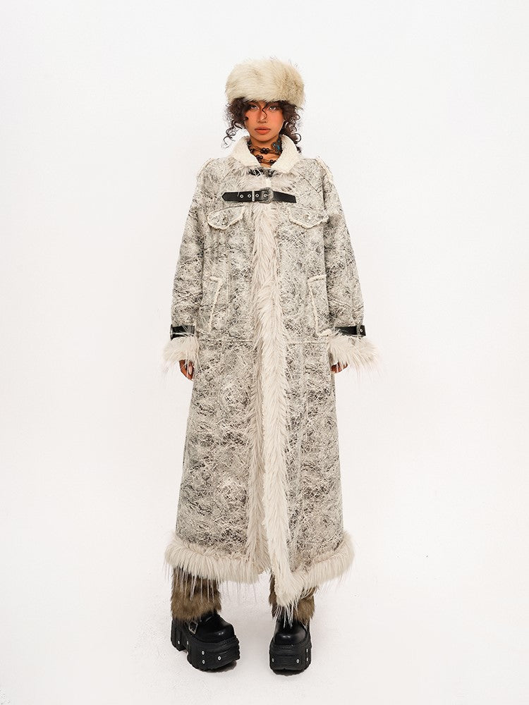 Coat Fur Plush with Straps Adjustable Collar White Mid-Length PU Faux